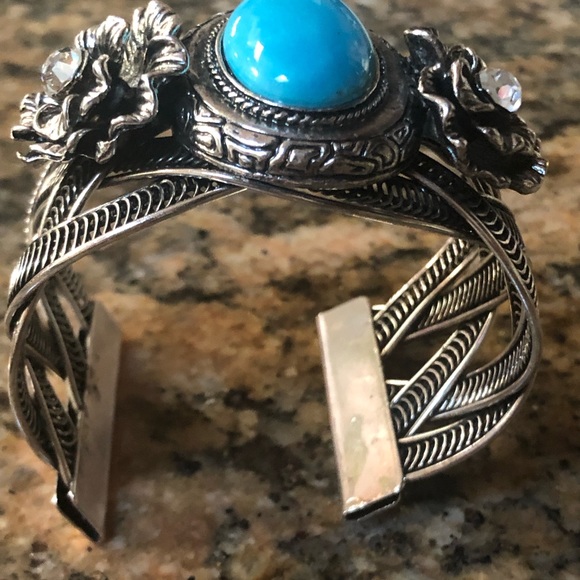 1 LEFT! Turquoise & 18k Silver Rose Cuff Bracelet - Picture 2 of 7